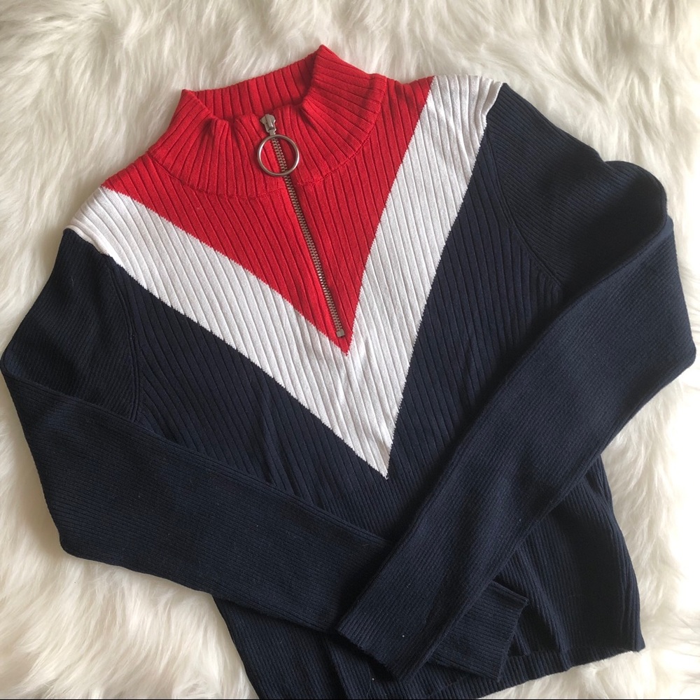 [divided] red/white/blue ribbed knit half zip